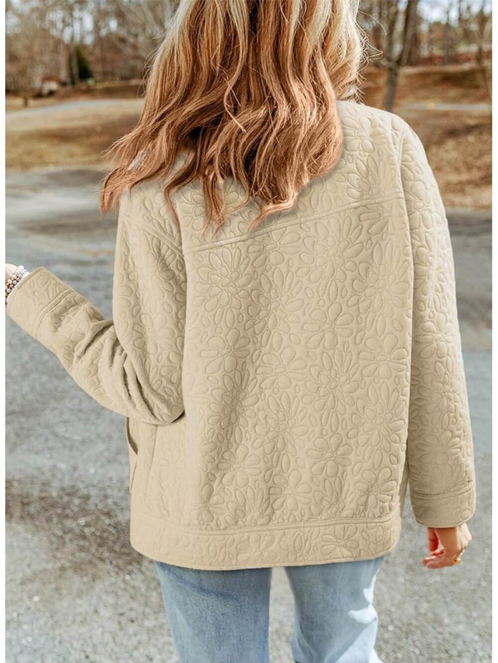 〽️Women Beige Casual Warm Winter Long Sleeve Jacquard Turn Down Collared Shacket - Picture 2 of 6